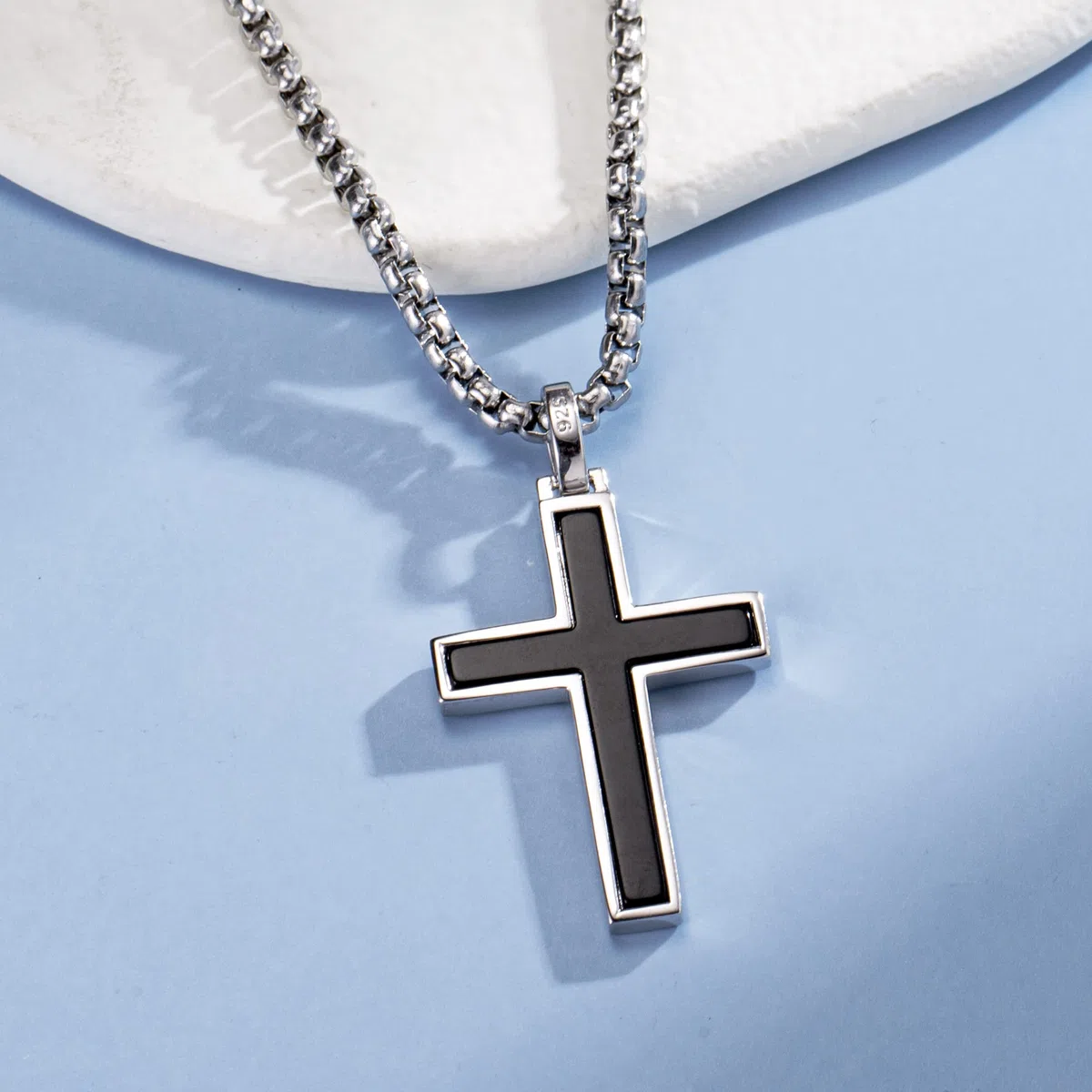 FANCIME Collana Croce Uomo in Argento Sterling 925 Crocifisso Ciondolo Nera, Gioielli Regalo per Lui Ragazzi Bambini - Catena Lunghezza: 60 cm