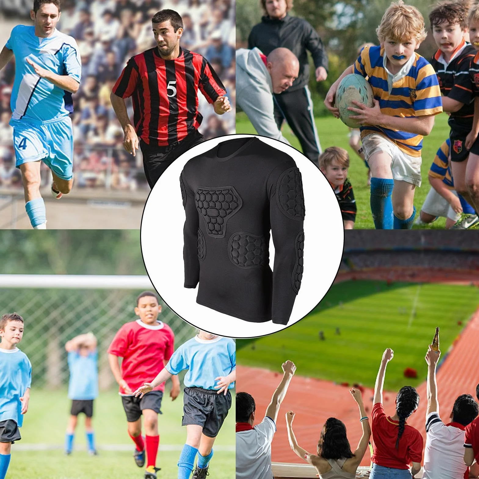 Teksome Maglia a compressione imbottita da calcio, maglia da portiere, nera, a maniche lunghe, per calcio, basket, paintball, rugby, parkour, calcio
