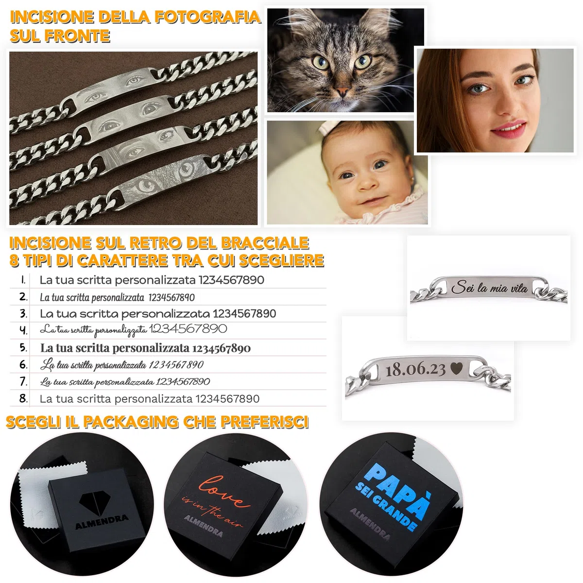 ALMENDRA Bracciale con foto occhi fidanzati con fotografia personalizzata da uomo incisa braccialetto incisione nome frase inciso scritta regalo