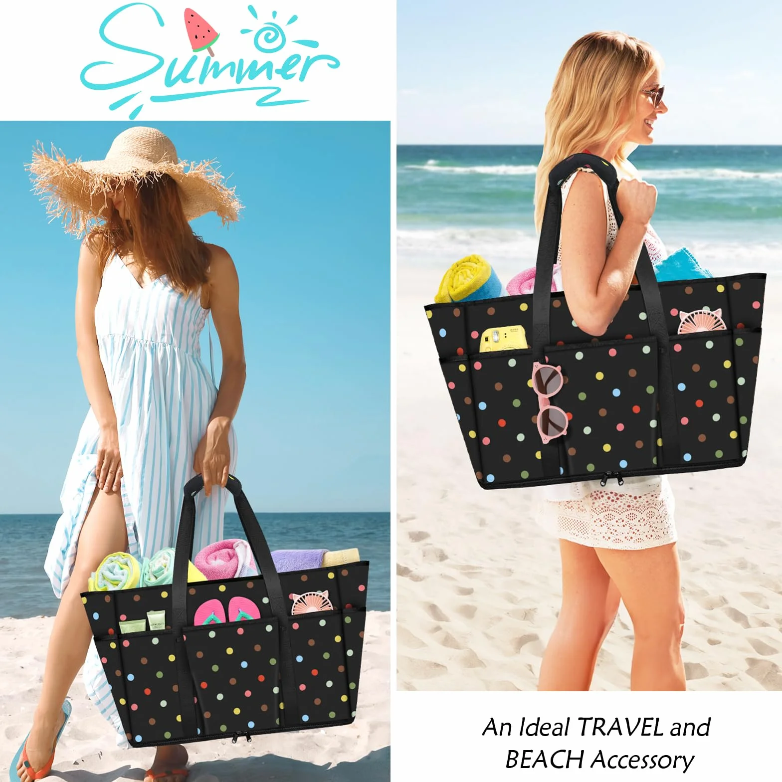 LUROON Borsa Mare Donna Grande XXL, Borsa Spiaggia Donna Famiglia Impermeabile con Zip, Borsa da Mare Beach Pieghevole Borsa Beach Tote Bag per Viaggio Spiaggia Piscina Vacanza