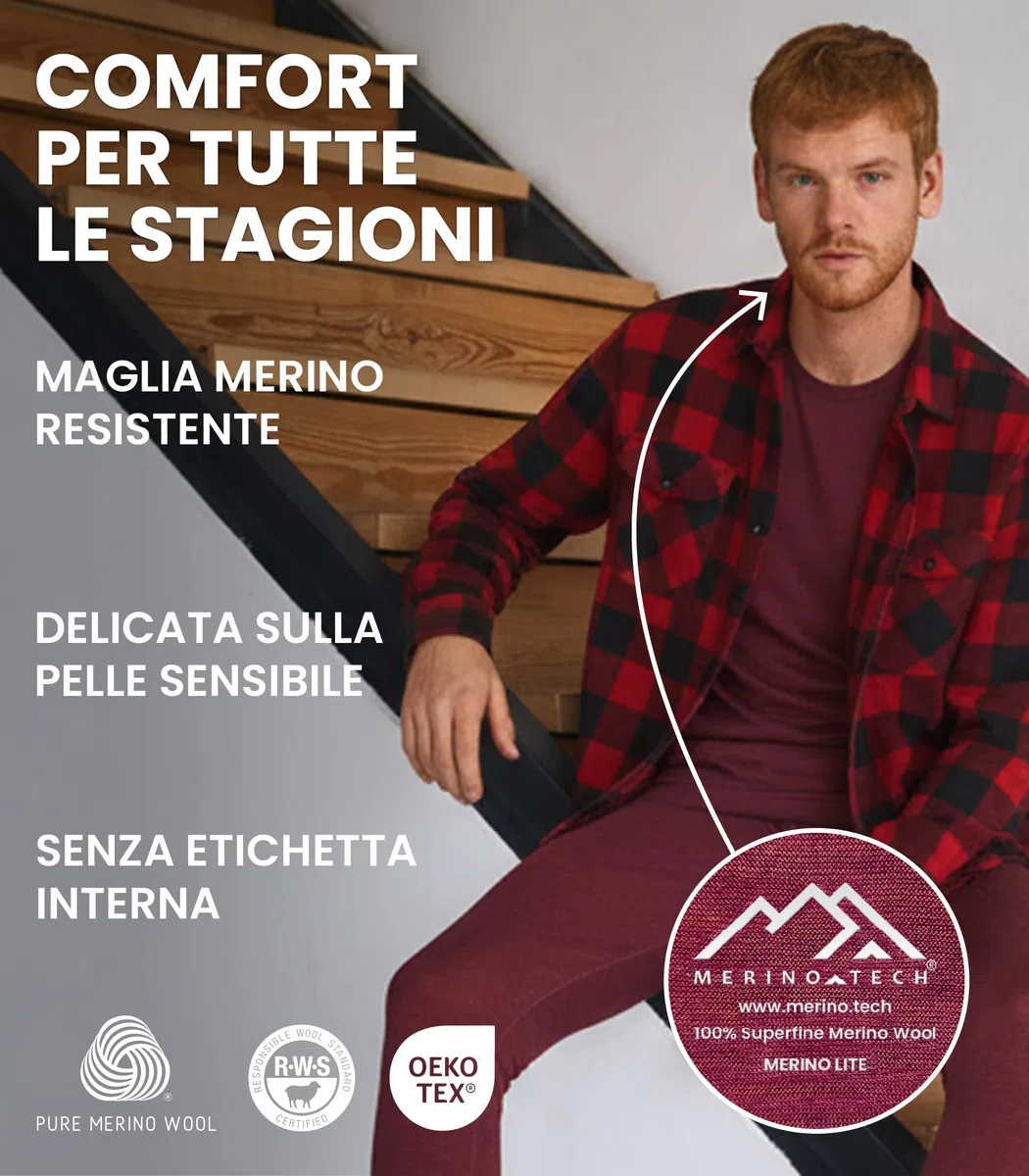 Merino.tech T Shirt Lana Merino - Intimo Termico Uomo Lana Merinos - Maglietta Trekking Uomo con Strato Base Leggero
