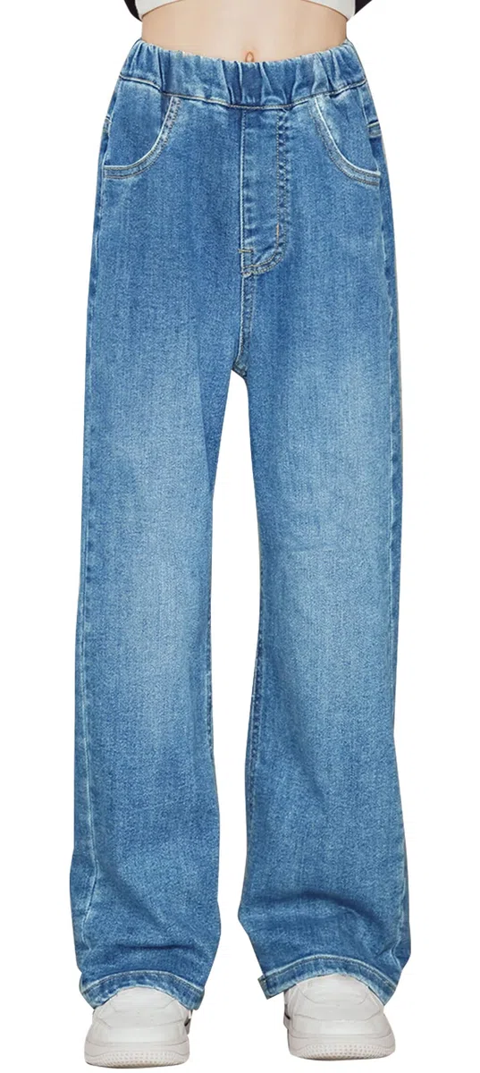 Happy Cherry Jeans Lunghi Bambina Pantaloni Larghi a Vita Elasticizzata Ragazza Pantaloni in Denim Comodi all Moda con Tasche per Bambini 5-15 Anni