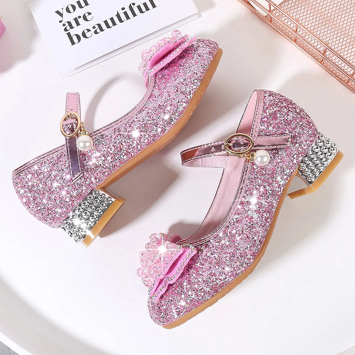 Principessa Scarpe con Tacco da Bambine e Ragazze con Fiocchi Scarpe da Principessa con Paillettes Ragazza Ballerine Glitterate Scarpe Eleganti Partito e Carnevale，Rosa