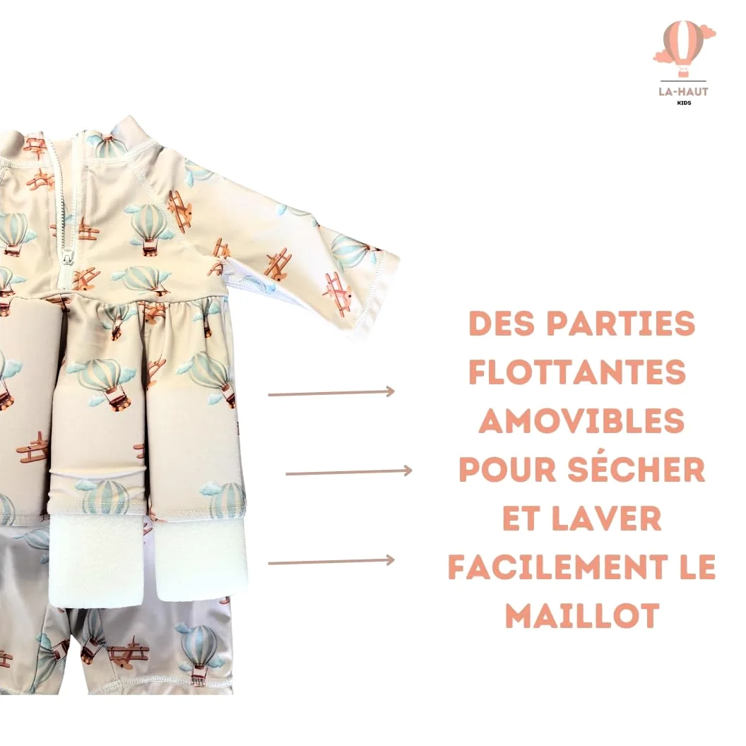 Costume da bagno anti-annegamento per ragazzo, motivo: mongolfiere e aerei, tuta a maniche lunghe, beige stile vintage