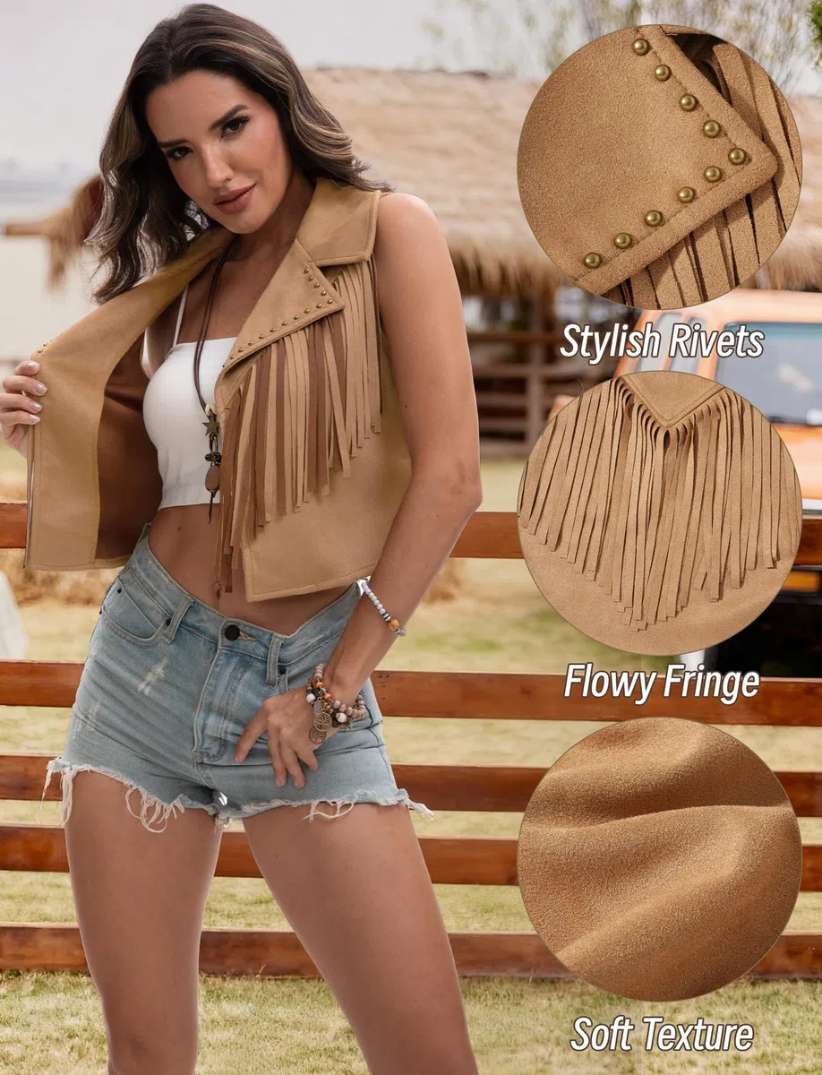 Panegy Donna Fringe Gilet Gilet 70s Hippie Faux Suede senza maniche Tassel Giacca aperta anteriore Cowgirl Rivets Cardigan