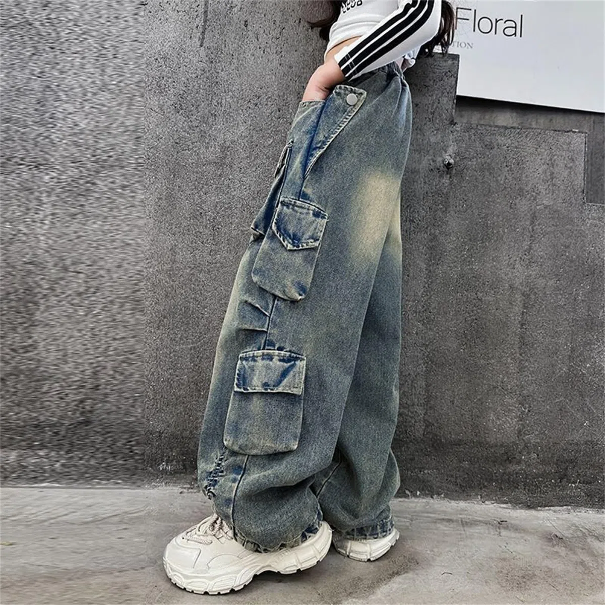 Jeans da bambina strappati, lavati, baggy, gamba larga, jeans casual, taglia 5-16, pantaloni da pioggia