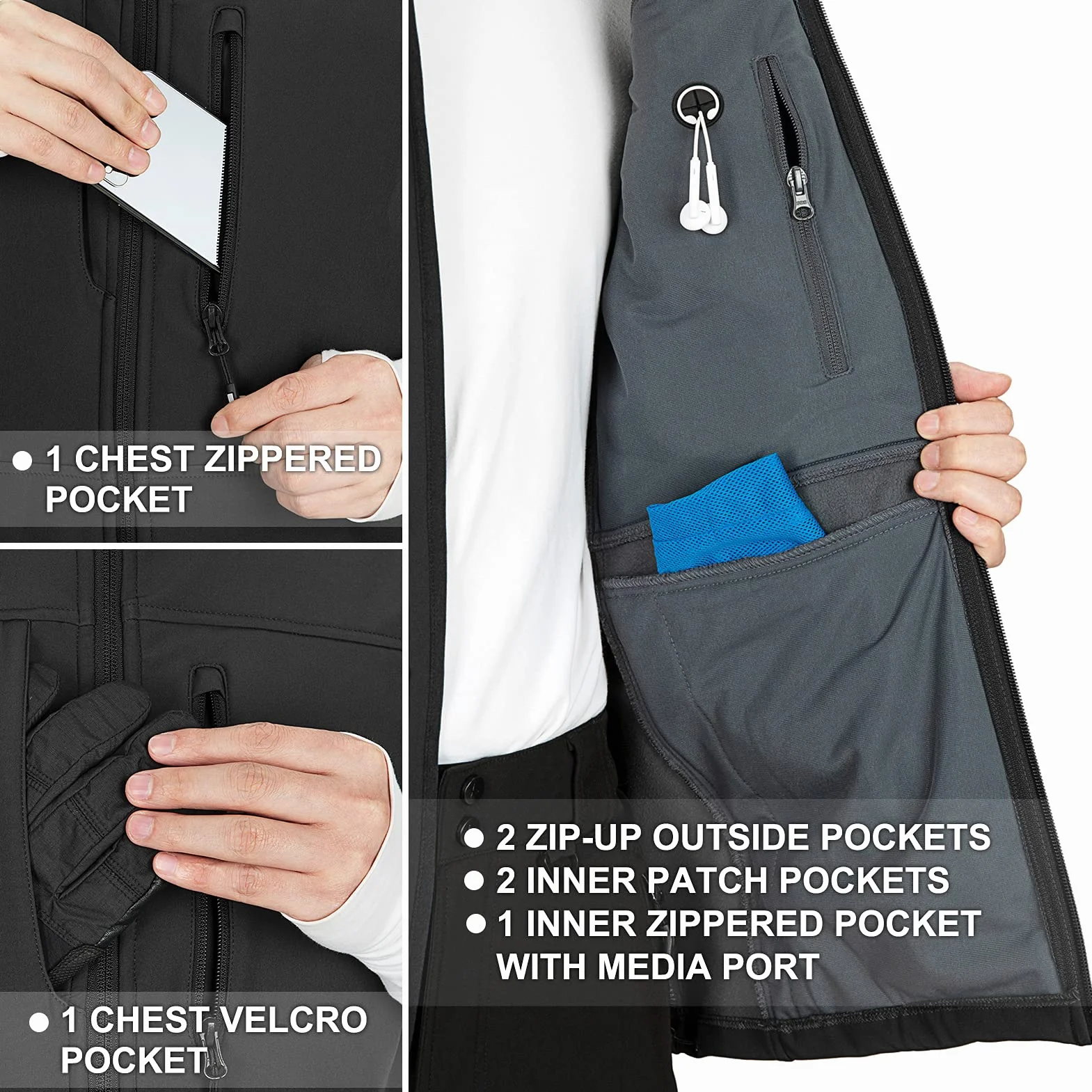 33,000ft Giacca gilet softshell da uomo, cappotto senza maniche antivento e impermeabile, giacca calda con cerniera per viaggi e attività all'aperto