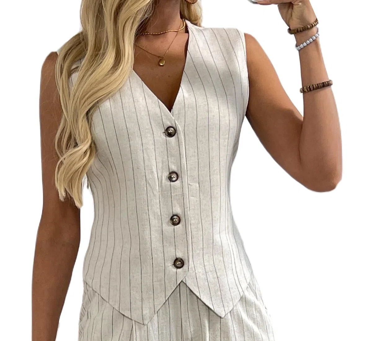 Gilet da donna in lino con scollo a V, con bottoni, per lavoro, vacanze, senza maniche, blazer