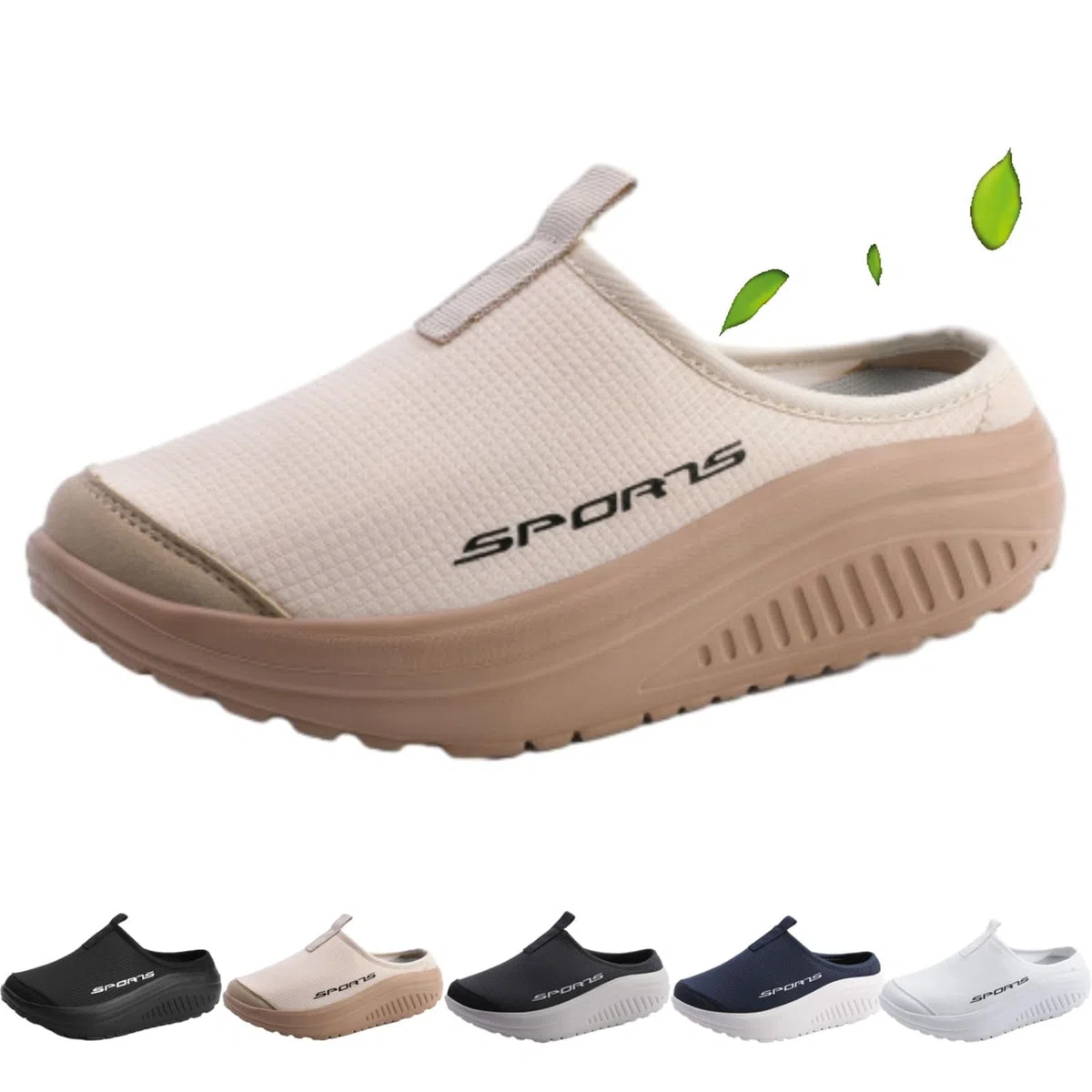 Pantofole comode e traspiranti a punta chiusa con suola a dondolo, stile casual, a maglia, senza schienale, con zeppa e apertura sul retro