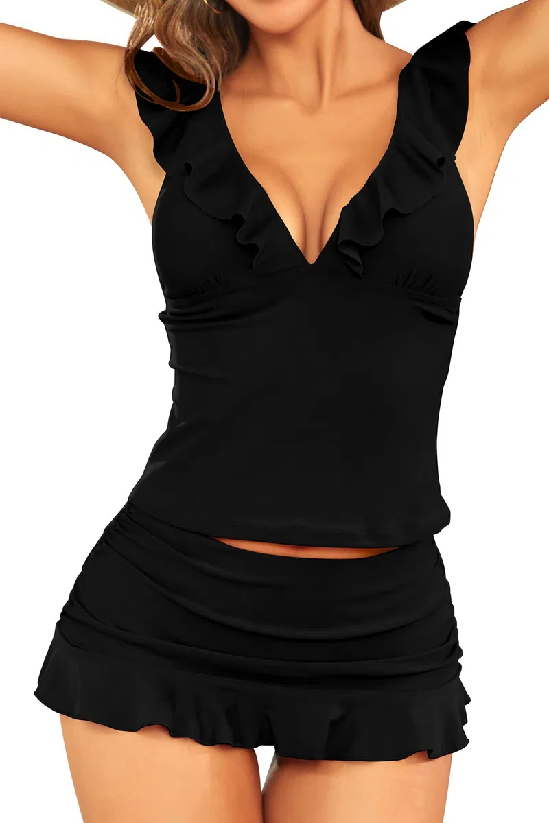 SHEKINI Volant Tankini Donna Scollo a V Profondo Tankini Top Elegante Costume da Bagno Tankini 2 Pezzi Vita Alta Gonna da Bagno