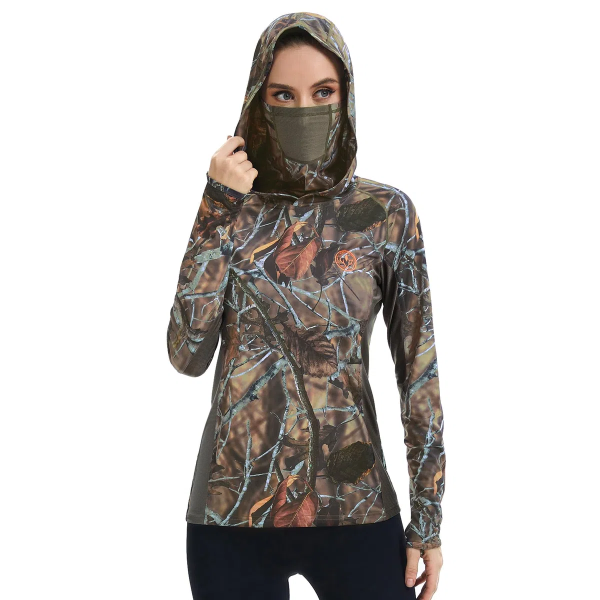 BASSDASH Felpa con cappuccio da donna UPF 50+ mimetica da caccia con ghetta per il collo, traspirante, a maniche lunghe, da pesca, FS03W