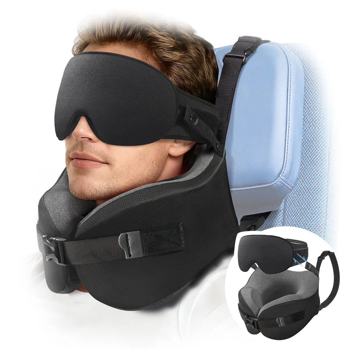 Umisleep Cuscino da Viaggio Memory Foam, Cuscino Cervicale per Aereo con Supporto 360°, con Maschera Occhi 3D, Cuscino da viaggio anticaduta testa per aereo, Ideale per Voli Lunghi (Nero)