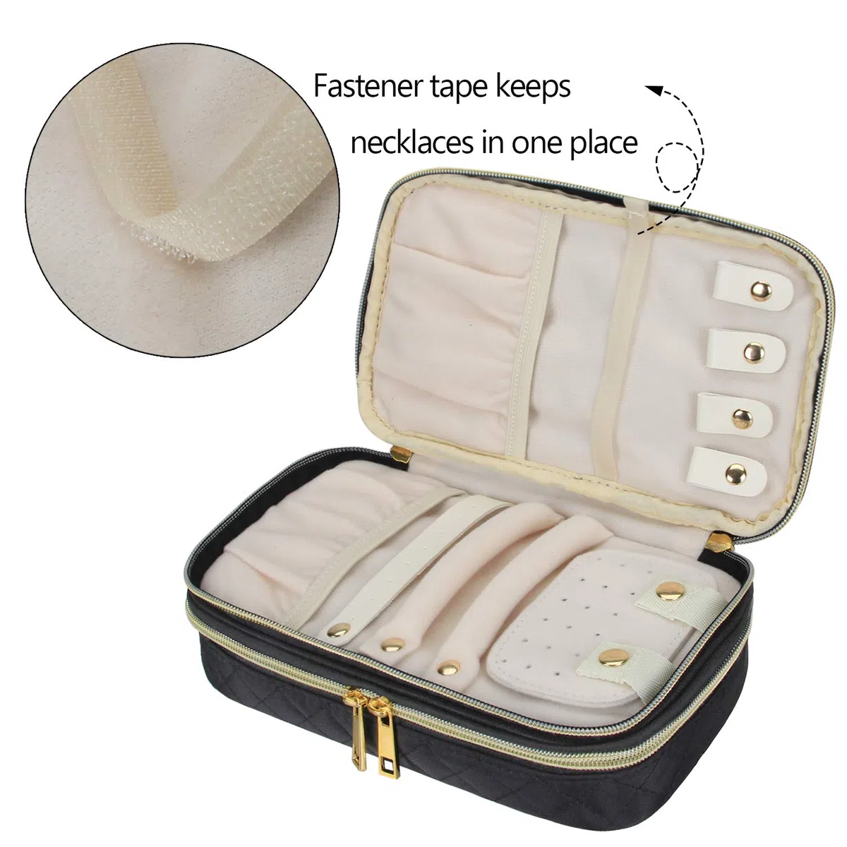 Teamoy Custodia per Gioielli da Viaggio, Borsa Organizer Trapuntata per Gioielli con Scomparti, Supporto per Collana, Nero