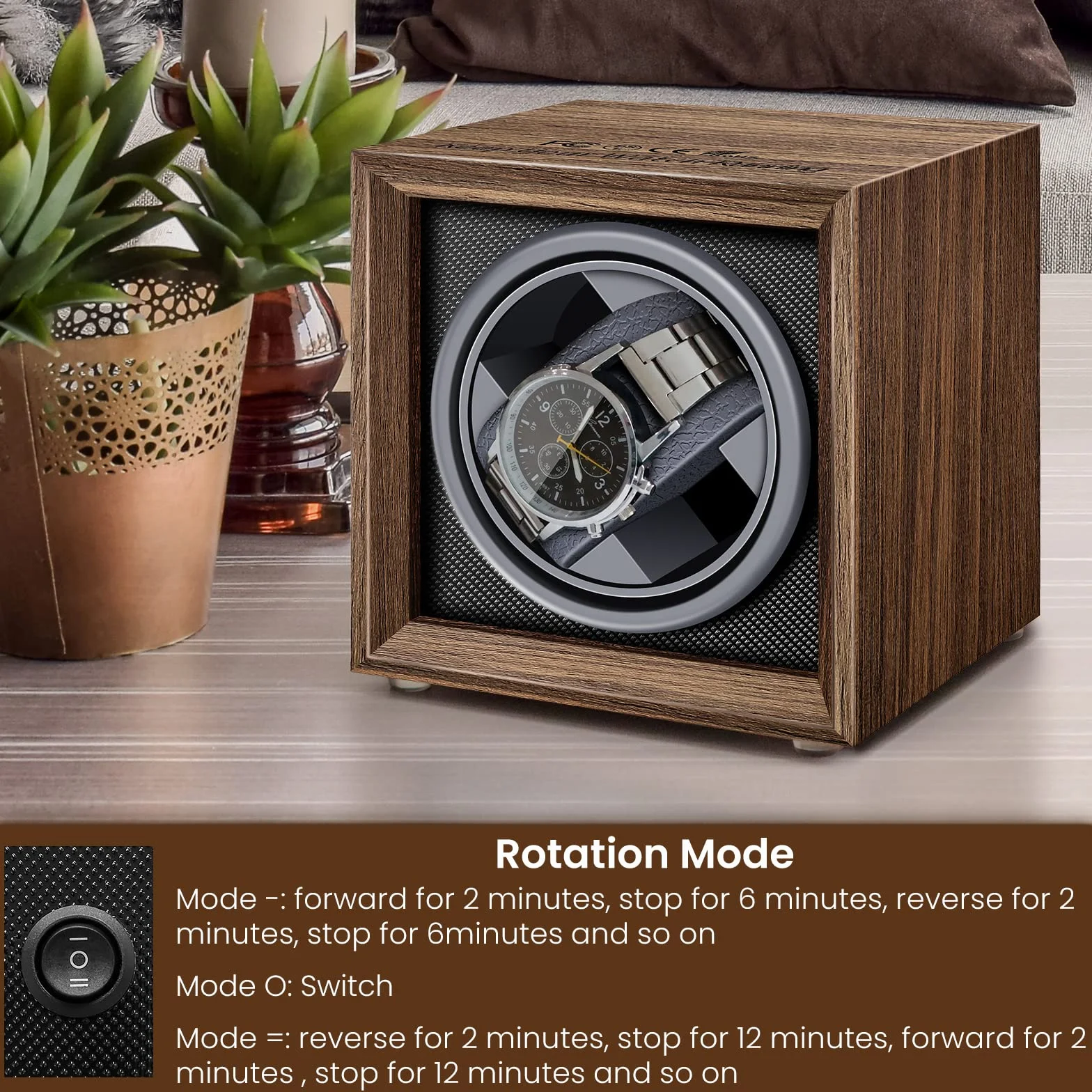 Avvolgitore automatico per orologi, scatola carica orologi singolo per 1 orologio, a carica automatica, in legno, con motore silenzioso, alimentato tramite USB