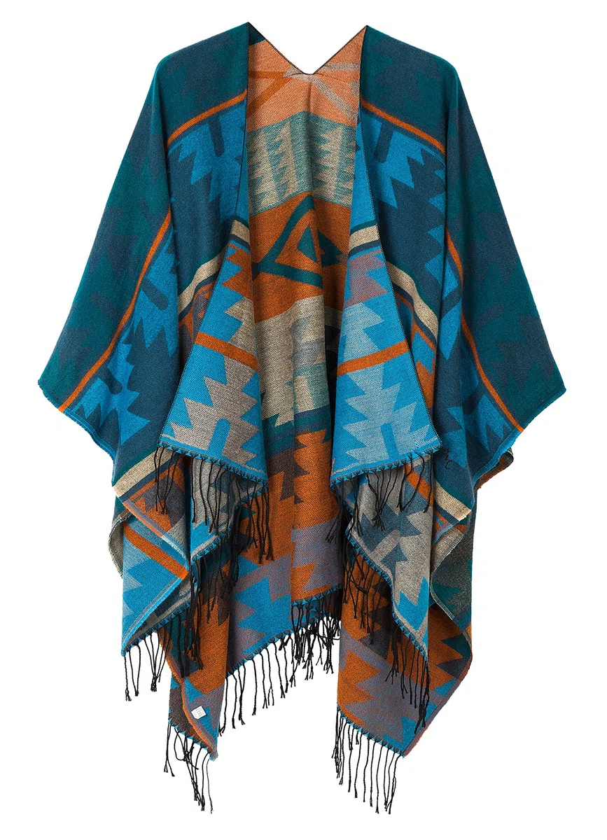 Urban GoCo Donna Poncho Cape Sciarpa Geometria Stampa Addensare Caldo Poncho Mantella Cardigan con Nappa Autunno Inverno