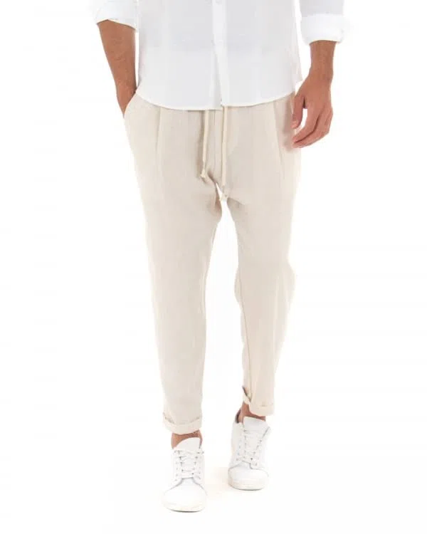 Giosal Pantalone Uomo Elastico Lino Tinta Unita Cavallo Basso Casual Vari Colori