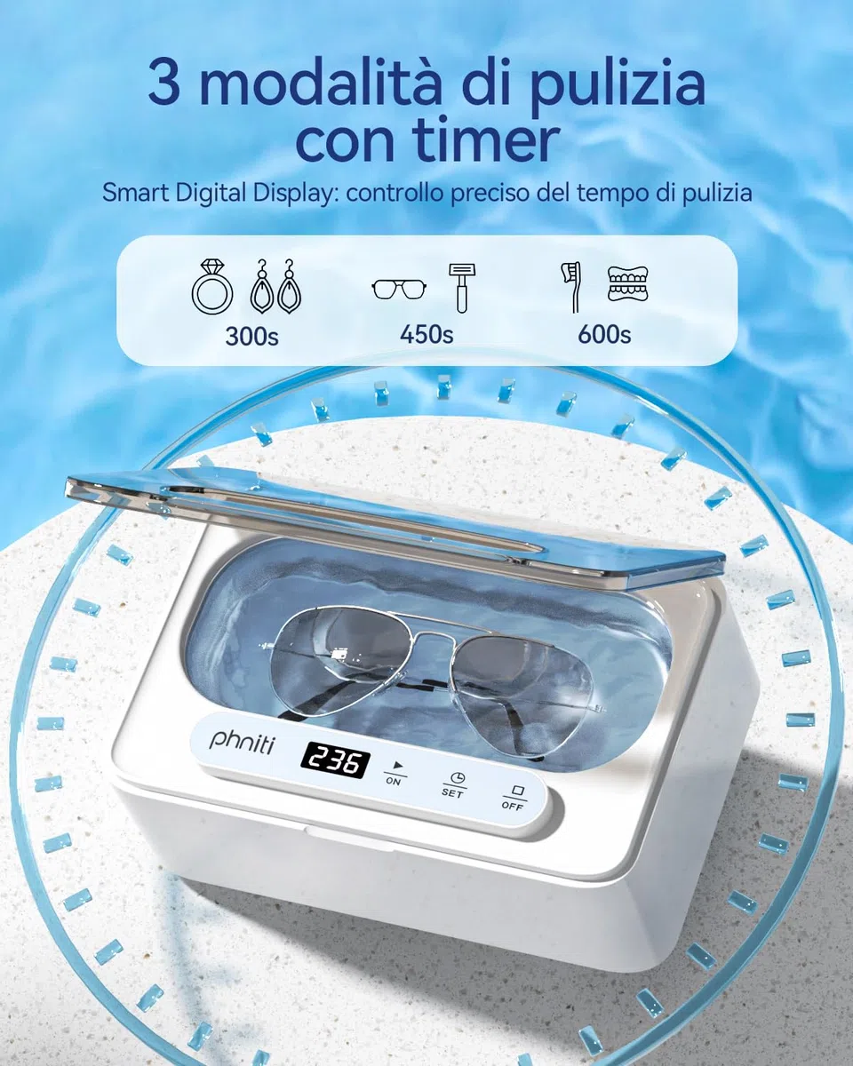 Phniti Pulitore Ultrasuoni, Pulitore Ultrasuoni Apparecchio Denti a 47KHz, Pulitore a Ultrasuoni da 330 ml Ultrasonic Cleaner, Portatile ad Pulitore Ultrasuoni Gioielli per Protesi, Occhiali, Orologi