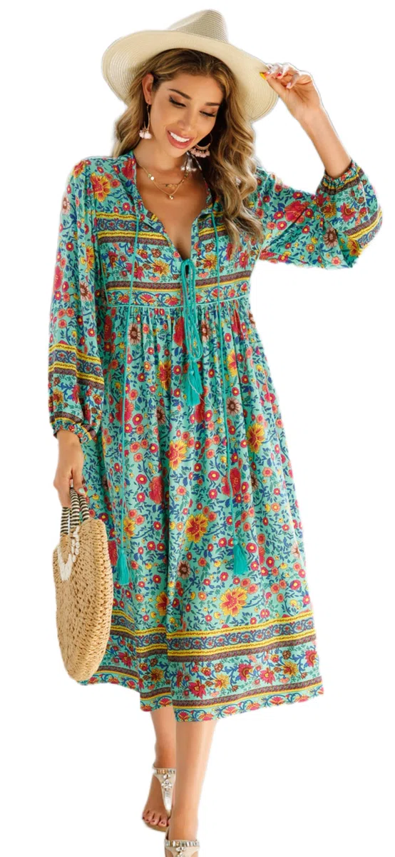 R.Vivimos Donne Eleganti Casual Bohemian Print Neck Tie Maniche Lunghe Abito da Spiaggia Lungo Midi Vestito Vacanze
