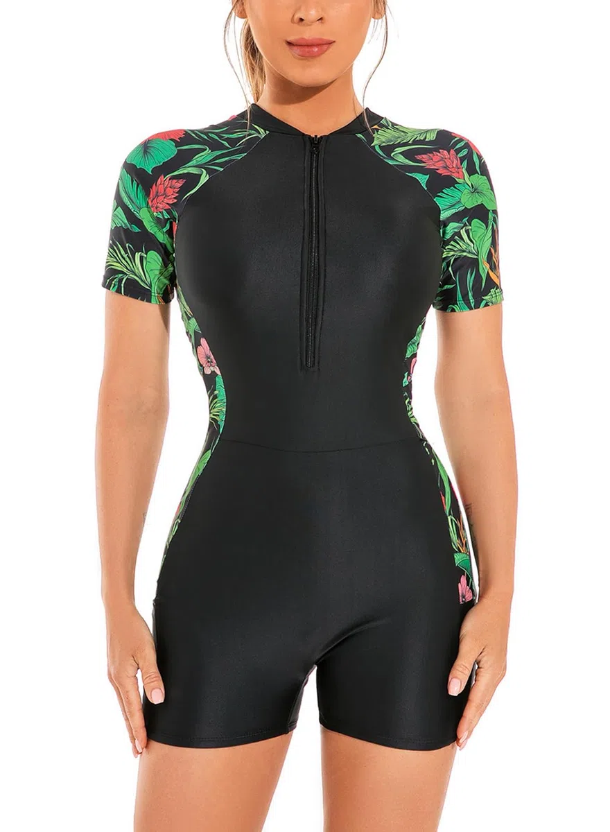 SHEKINI Donna Manica Corta Rash Guard Un Pezzo Costume da Bagno Surf Abito Mezza Cerniera Abito da Bagno Anteriore
