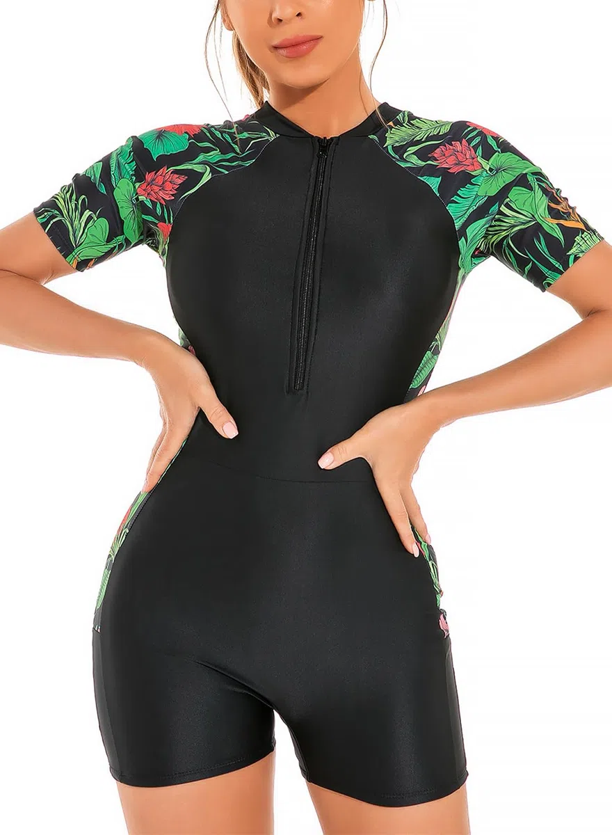 SHEKINI Donna Manica Corta Rash Guard Un Pezzo Costume da Bagno Surf Abito Mezza Cerniera Abito da Bagno Anteriore