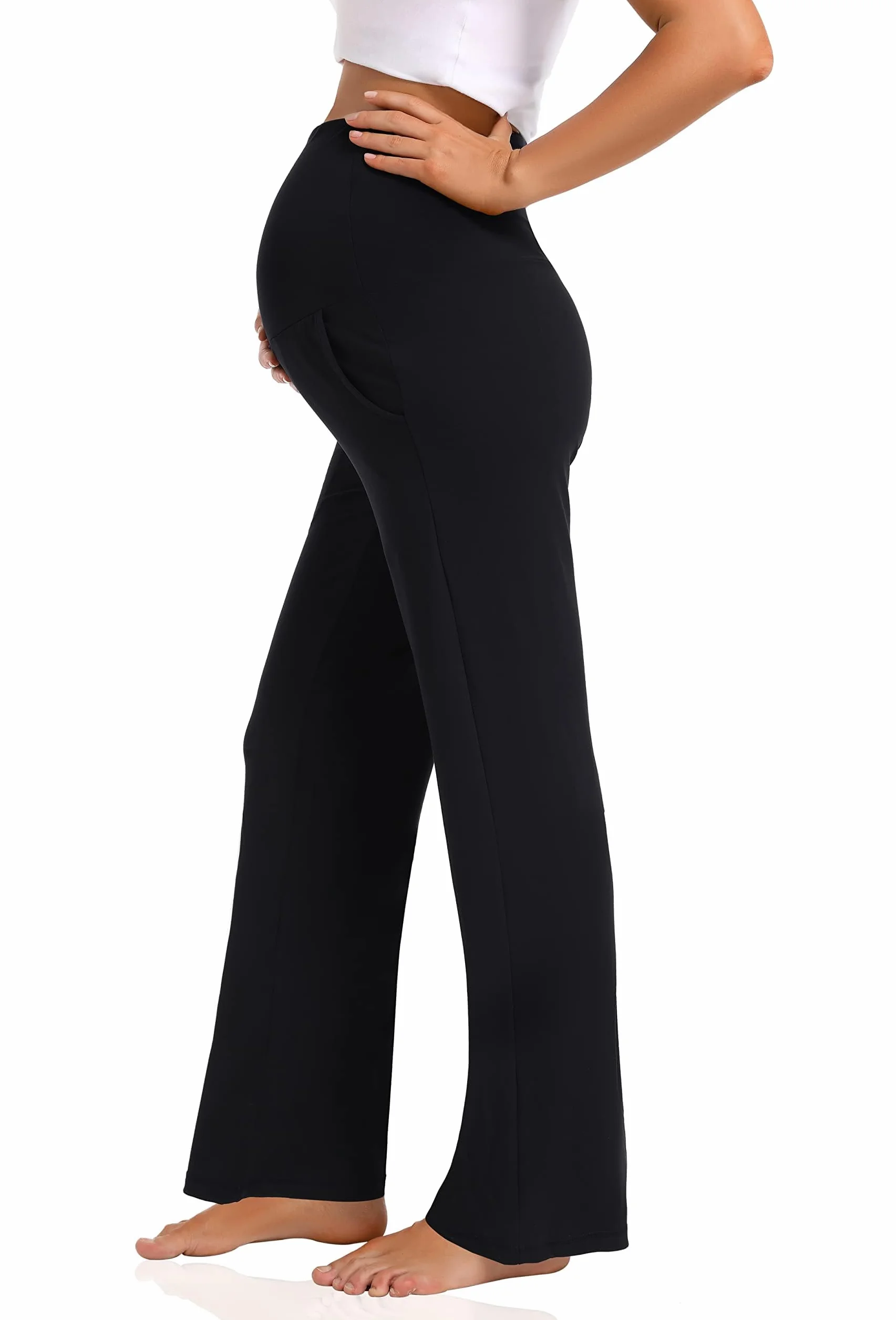 Pantaloni premaman gamba larga donna gravidanza casual largo gamba dritta lounge pantaloni con tasche pantaloni gravidanza