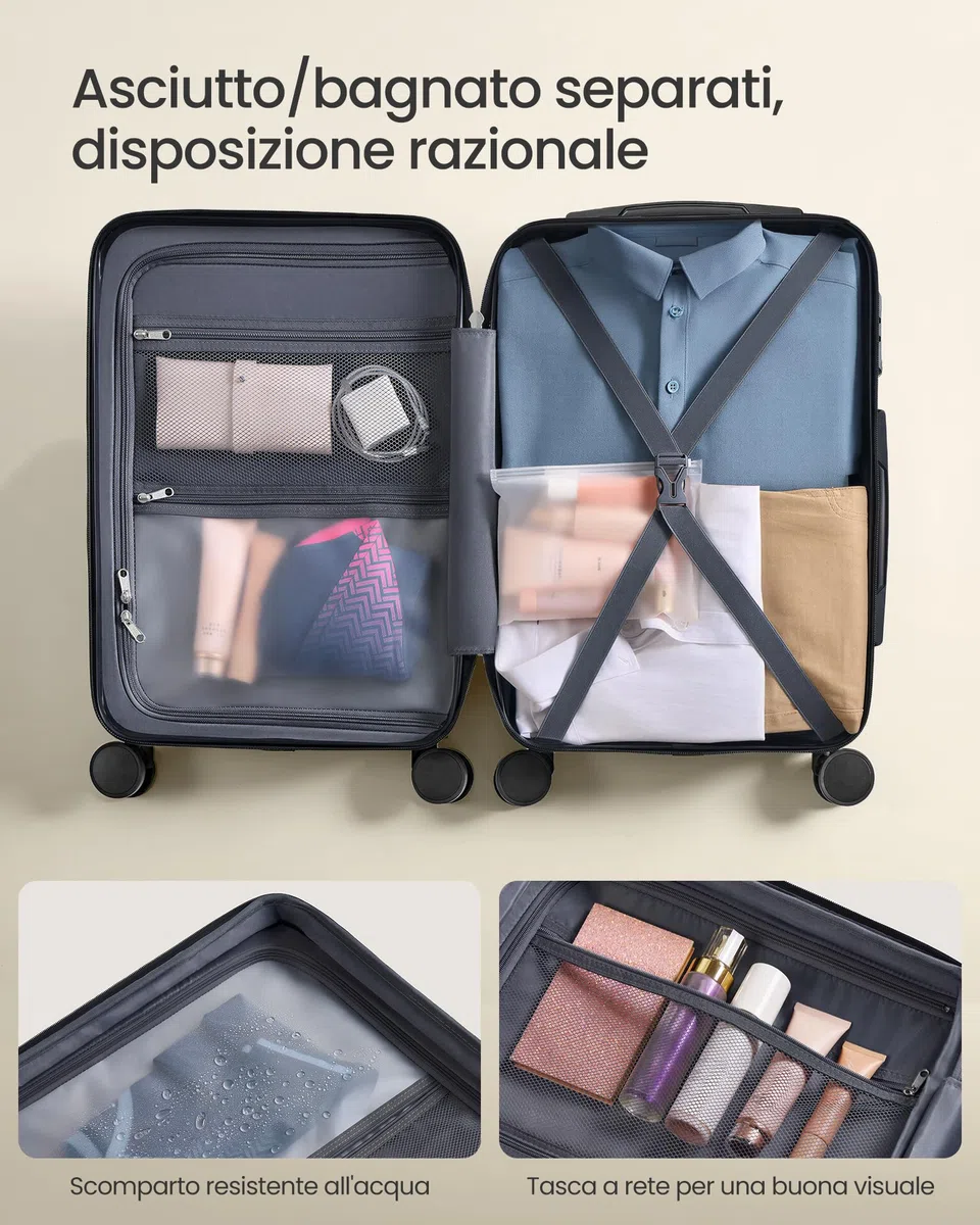SONGMICS Valigia Rigida, Trolley da Viaggio, Chiusura TSA, Cinghia Inclusa, Bagaglio in ABS con 4 Ruote Doppie, Valigia Bagaglio a Mano da Cabina, M, 55 x 36 x 20 cm, Nero Inchiostro RLP001B101