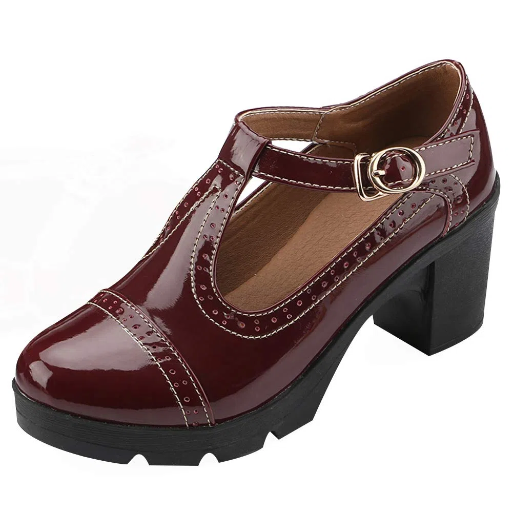 ANUFER Donna Medio Tacco a Blocco T-Cinghia Brogues Pumps Mary Janes Uniforme Ufficio Scarpe da Sera