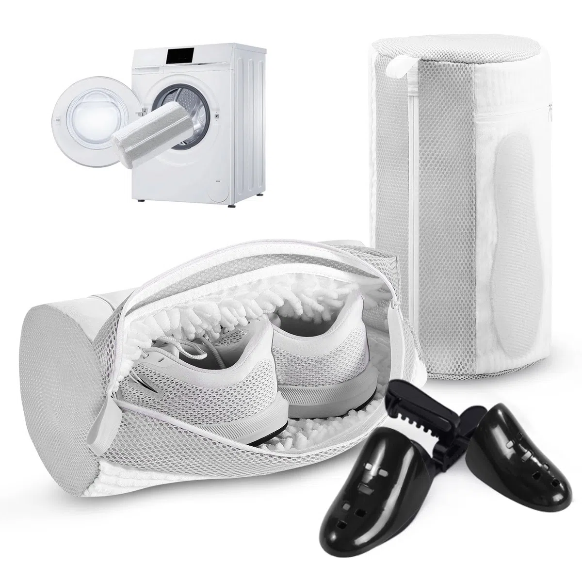 Aship 2 Pezzi Sacchetti Scarpe Lavatrice con Allarga Scarpe e Tasca laterale in rete, Sacchetti per Lavare Scarpe in Lavatrice con Pulizia a 360° e cerniera laterale nascosta (Bianco)