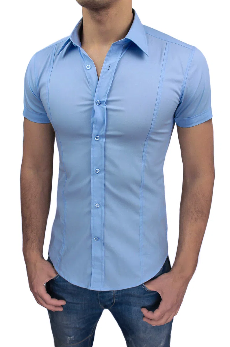 Evoga Camicia Uomo Slim Fit a Maniche Corte Aderente Elasticizzata Casual