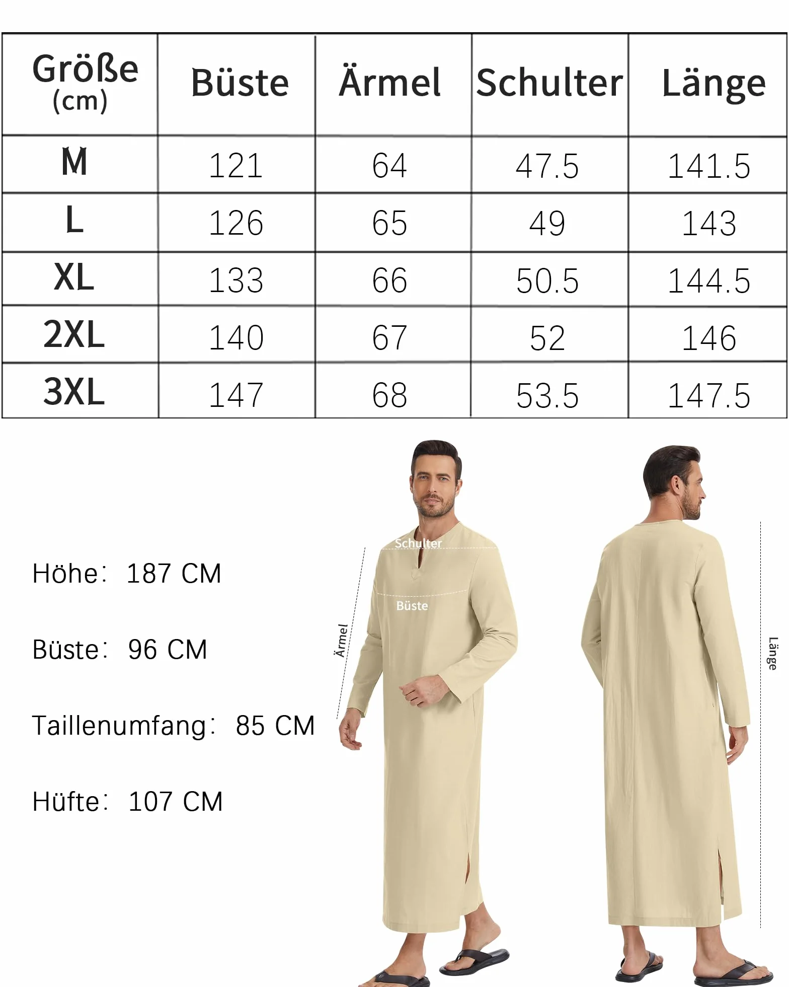 LVCBL Caftano da uomo a maniche lunghe, caftano, lungo, con tasche, universale, M-3XL