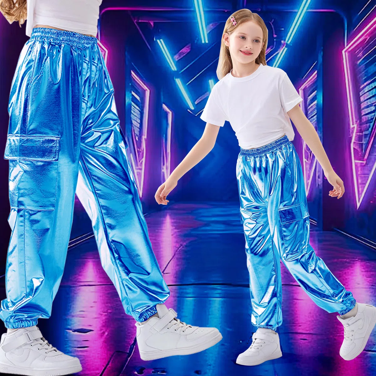 Rolanko Pantaloni Hip Hop per Ragazze, Pantaloni Cargo Elasticizzati per Bambini Jogger per Streetwear e Danza