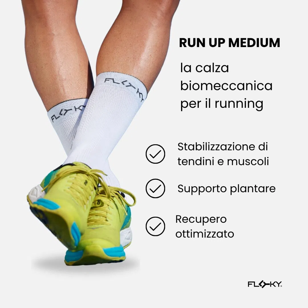 FLOKY RUN UP MEDIUM calze biomeccaniche running e trekking. Calza a compressione. Protezione tendine d'Achille e muscoli gamba, supporto plantare. Massima riduzione vibrazioni.