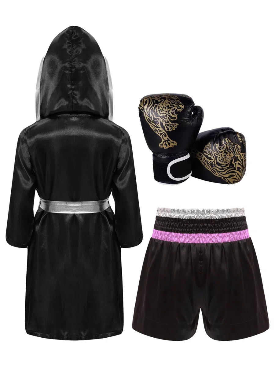 MSemis Pantaloncino Kick-Thai Bambino Ragazzo con Cappotto Pugile e Guanti da Pugile Pantaloncini Muay Thai MMA Kickboxing Trunks Grappling Cage Fighting Training Shorts Rosa&Argento 5-6 anni