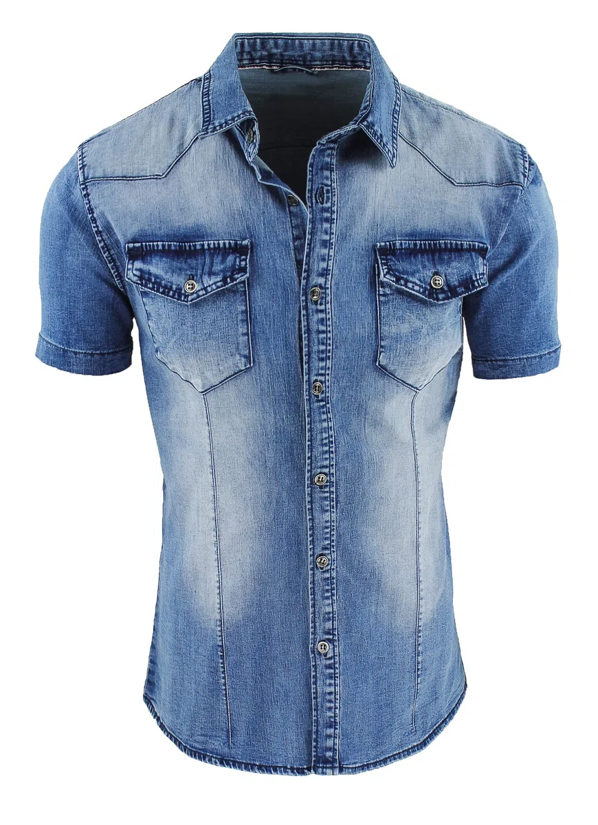 Evoga Camicia Uomo Jeans Denim Manica Corta Slim Fit 100% Cotone Casual Western con Tasche