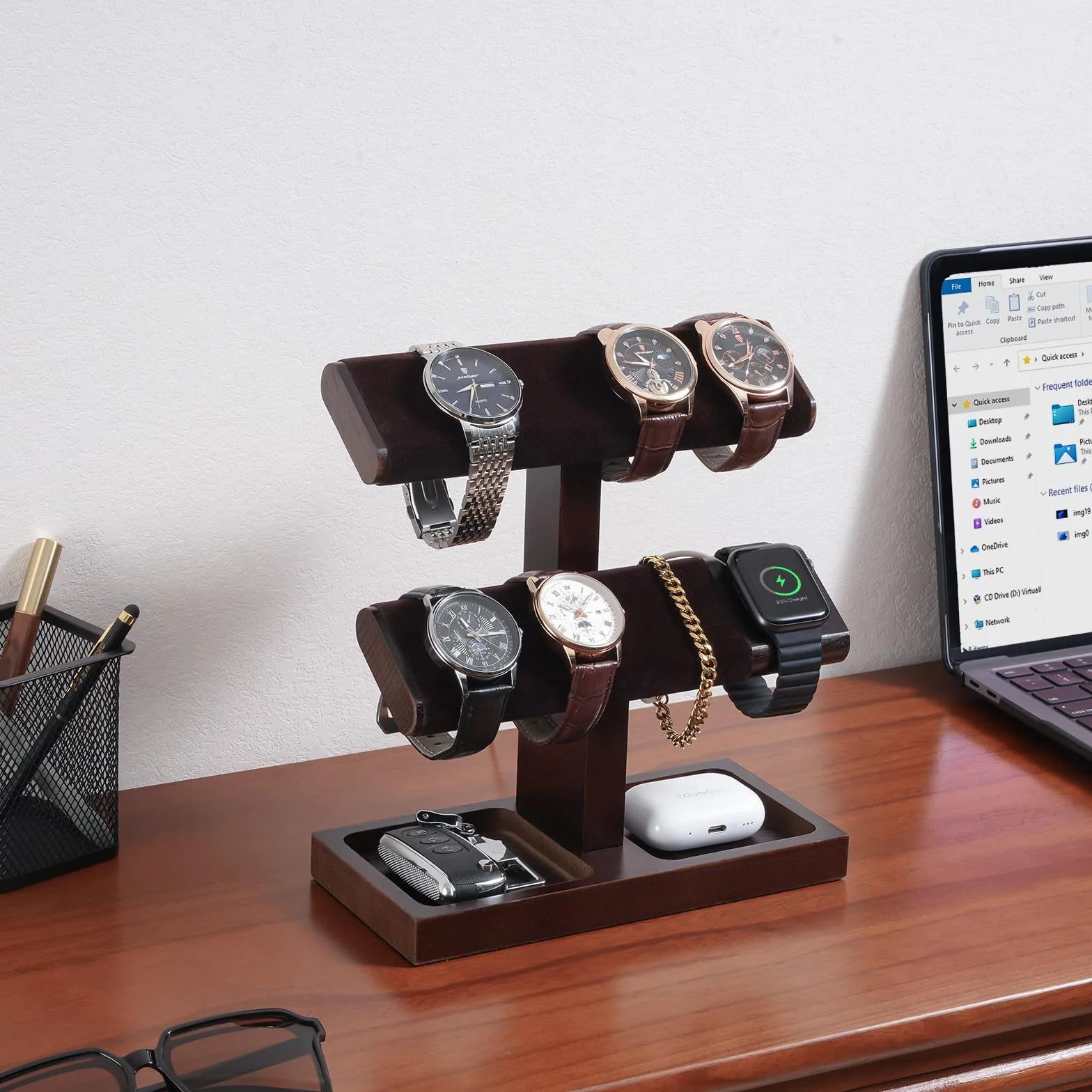 ProCase Espositore Orologi, Porta Orologi in Legno, Organizer per Orologi, Supporto per Caricabatterie per Apple Watch, Regalo per Lui -2 Livelli, Marrone Scuro