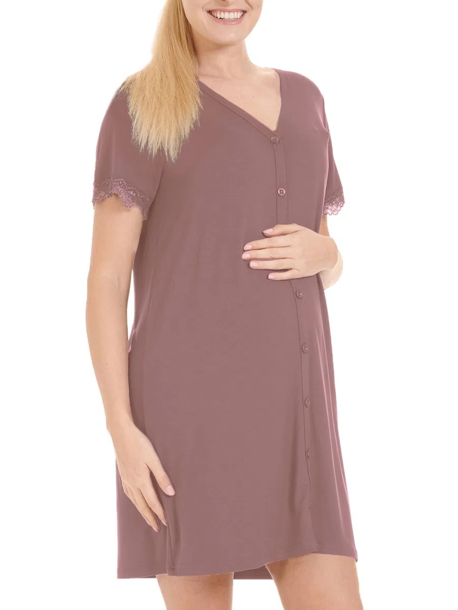 Herzmutter Camicia da Notte premanan - per Allattamento - Bottoni Davanti - Camicie da Notte Post-Parto - Ospedale-Gravidanza - Manica Corta-Pizzo - 2850