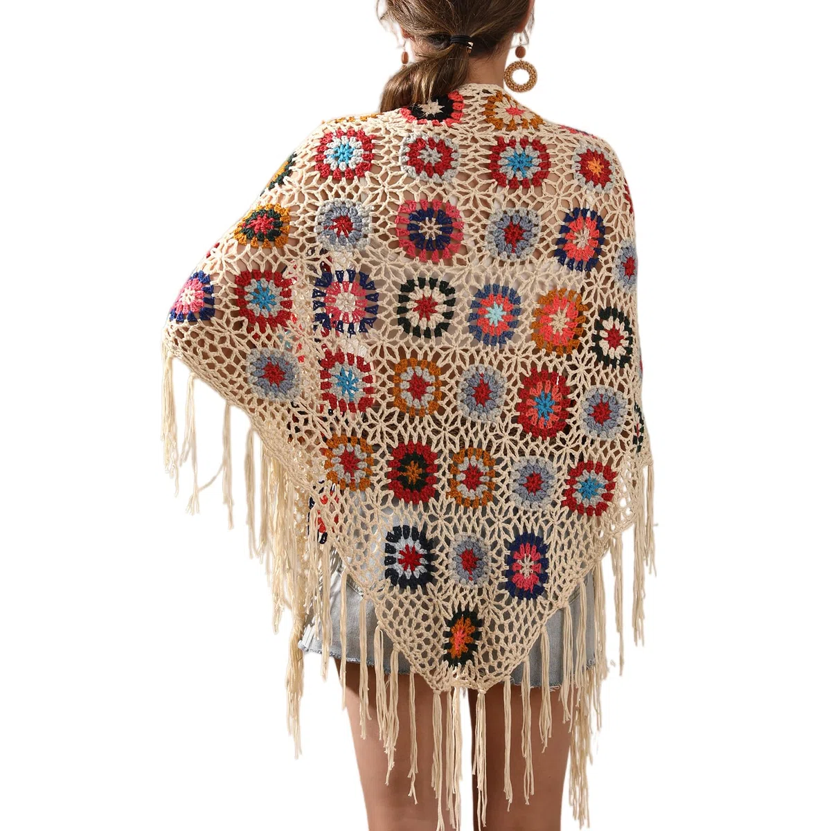 Poncho fatto a mano all'uncinetto con frange mantello scialli avvolge nonna quadrato donna cappotto maglione