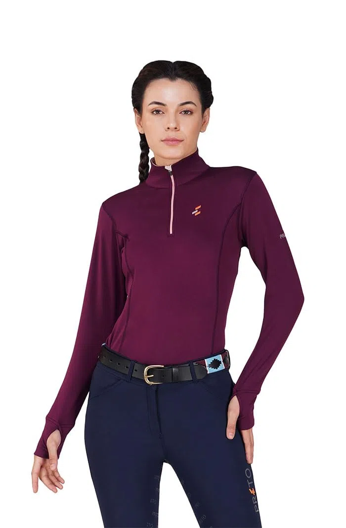 Preto Young Rider - Maglia termica da donna, a maniche lunghe, abbigliamento equestre e attrezzatura per equitazione (bacca/sorbetto)