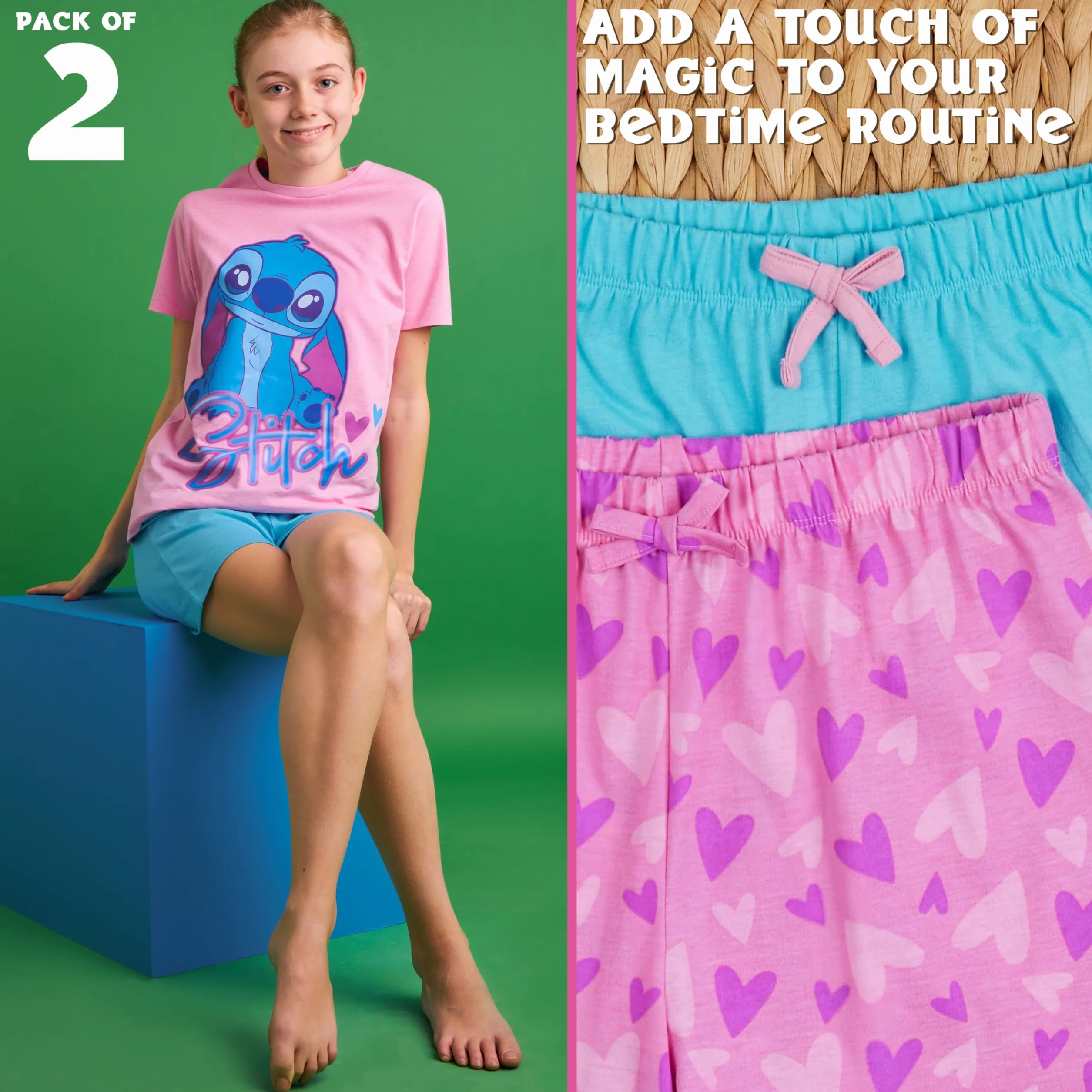 Disney Stitch Pigiama Corto Bambina, Pack da 1 o 2 Pigiami Estivi Ragazza Confortevole, Set con T-Shirt e Shorts, Idea Regalo