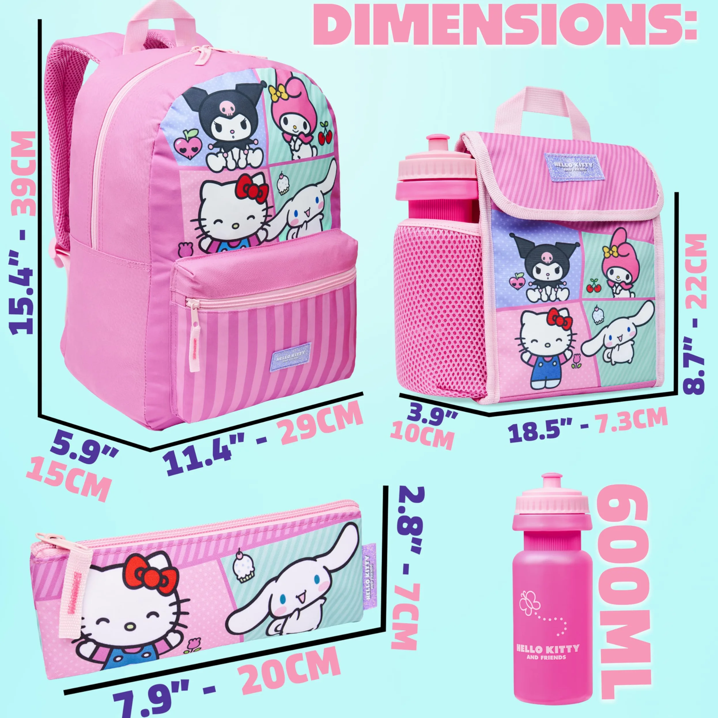 Hello Kitty Sanrio Zainetto Bambina 4 Pz Set Borraccia Astuccio Isolata Borsa Portapranzo Kawaii Anime Accessori Scuola
