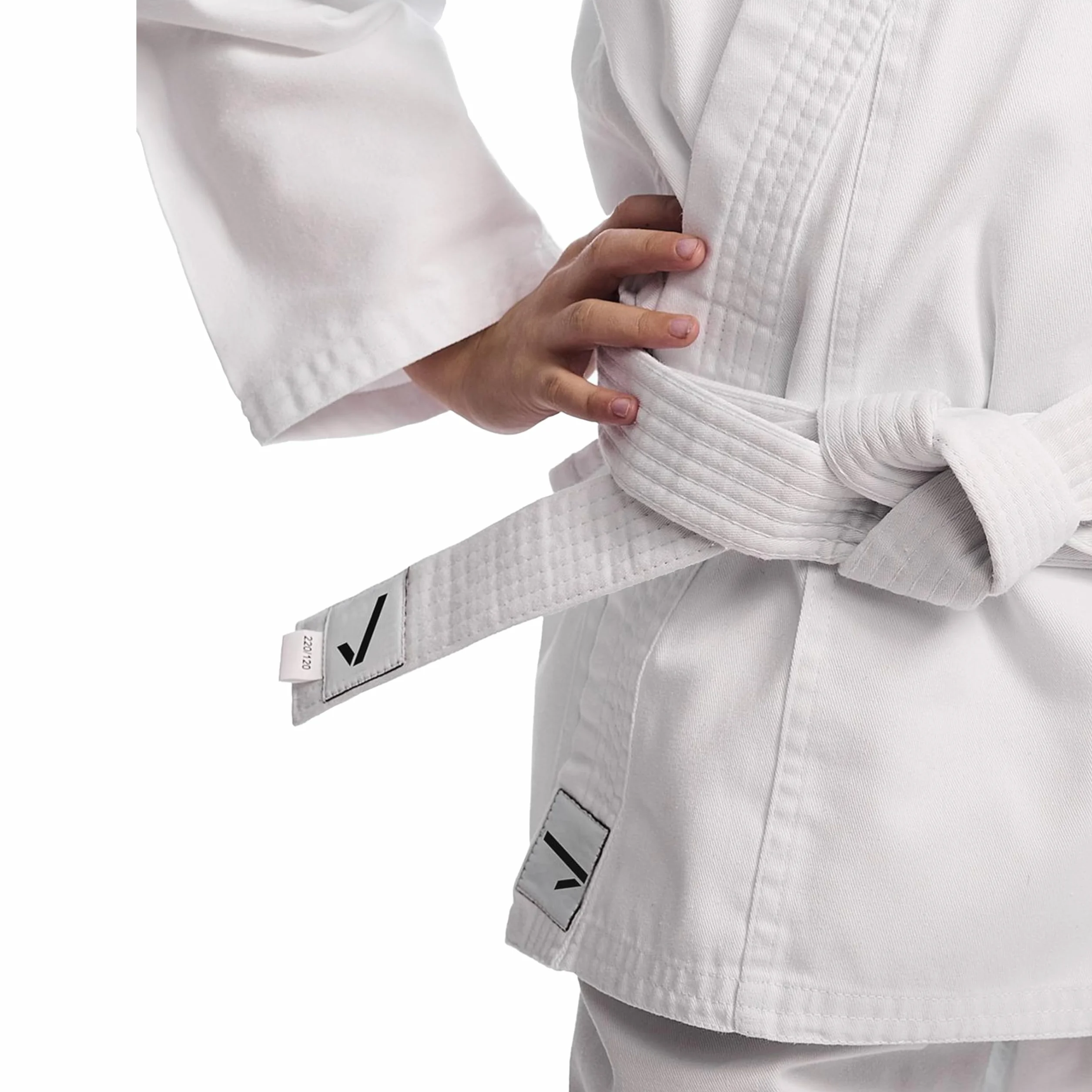 IPPONGEAR Club 2 Karate Gi Set Tuta da Karate per Principianti Tuta per Bambini Inclusa Cintura Bianca (Taglia 100, Cintura con Lacci, densità del Tessuto 220gr/m²) Bianco