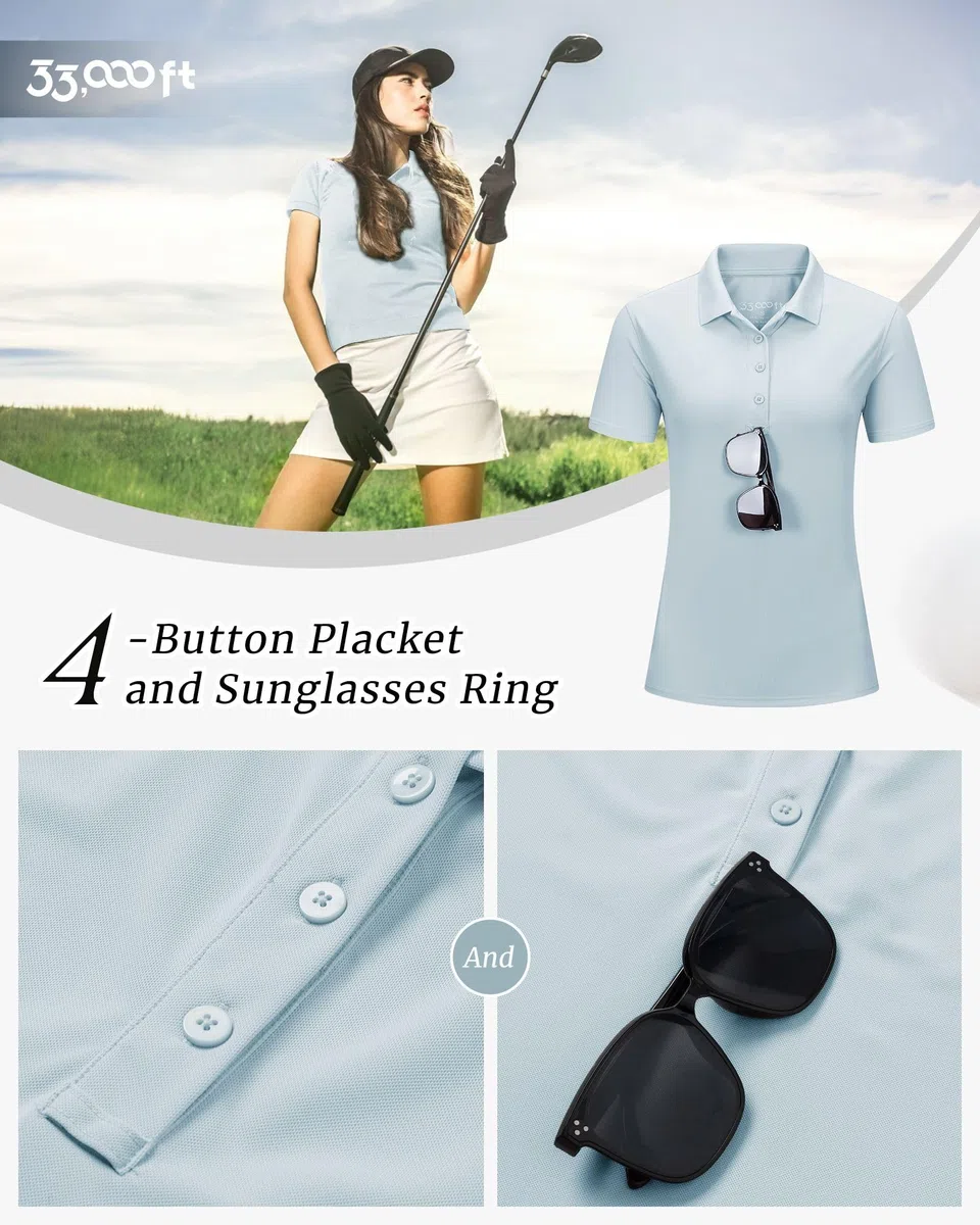33,000ft Polo da donna, da golf, protezione solare, protezione dai raggi UV, estiva, a maniche corte, ad asciugatura rapida, per attività all'aperto, traspirante, funzionale, per golf, tennis
