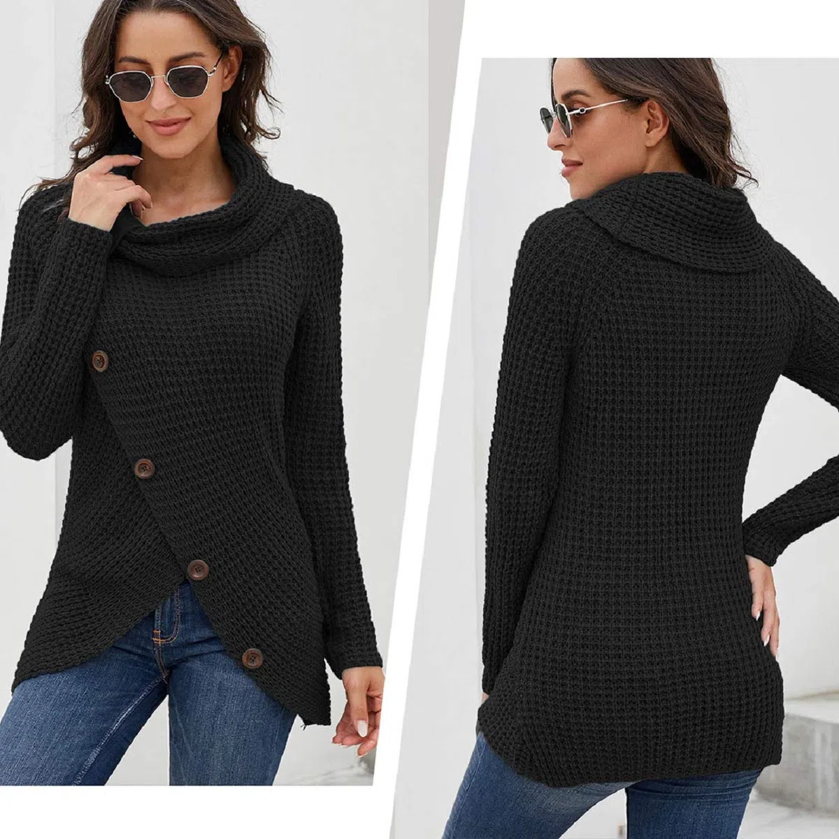Tuopuda Maglione Donna Felpa Ragazza Asimmetrica Sweatshirt Collo Alto Pullover Elegante Casual Tops Maniche Lunghe Maglione Autunnale Invernale Primavera con Bottoni Natale