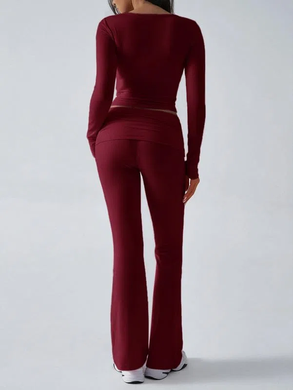 Tuta Donna Casual 2 Pezzi Completo Sportivo Maniche Lunghe Crop Top e Pantaloni a Zampa Tute Scollo a V Slim Fit Lounge Set Elegante per Yoga Palestra Fitness Jogging Outfit Y2K Streetwear