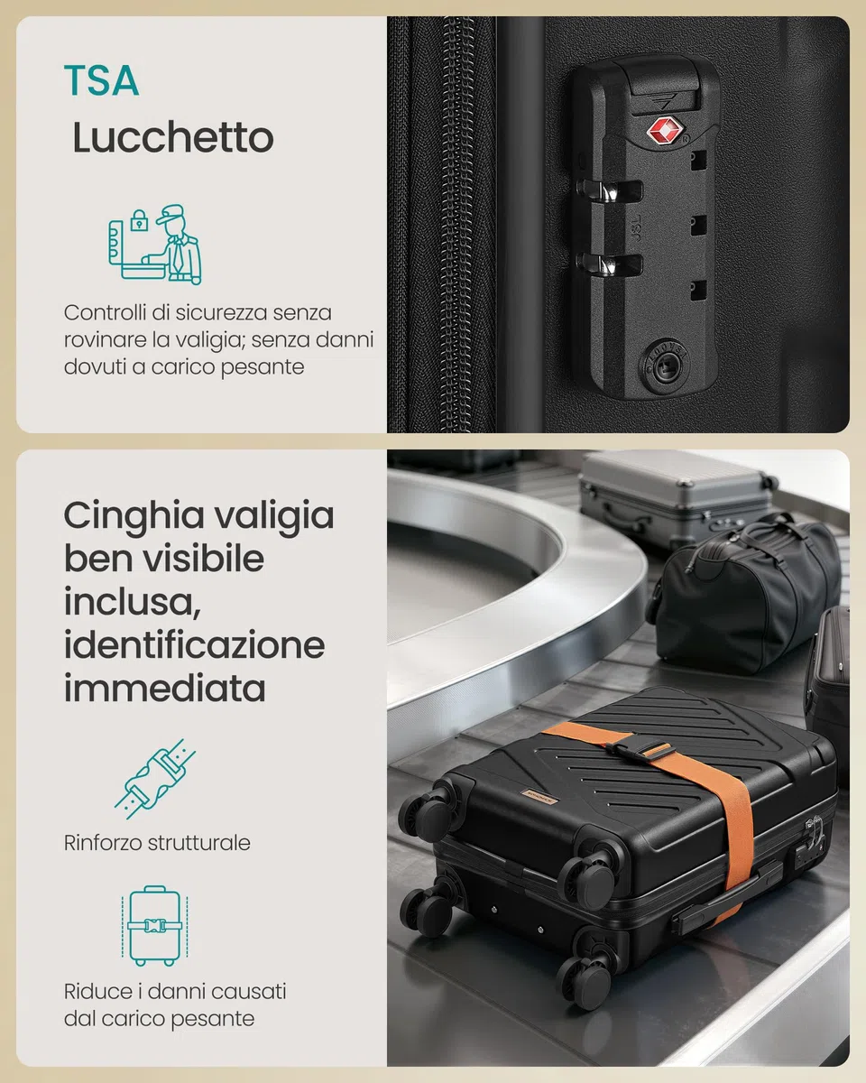 SONGMICS Valigia Rigida, Trolley da Viaggio, Chiusura TSA, Cinghia Inclusa, Bagaglio in ABS con 4 Ruote Doppie, Valigia Bagaglio a Mano da Cabina, M, 55 x 36 x 20 cm, Nero Inchiostro RLP001B101