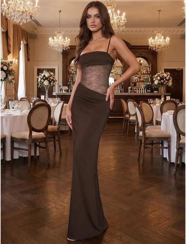 Vestito Lungo Donna Sexy Spaghetti Strap Abito in Pizzo Patchwork Estivo Senza Maniche Collo Quadrato Vestiti Elegante Aderente Maxi Abiti con Spacco per Sera Cerimonia Festa Cocktail