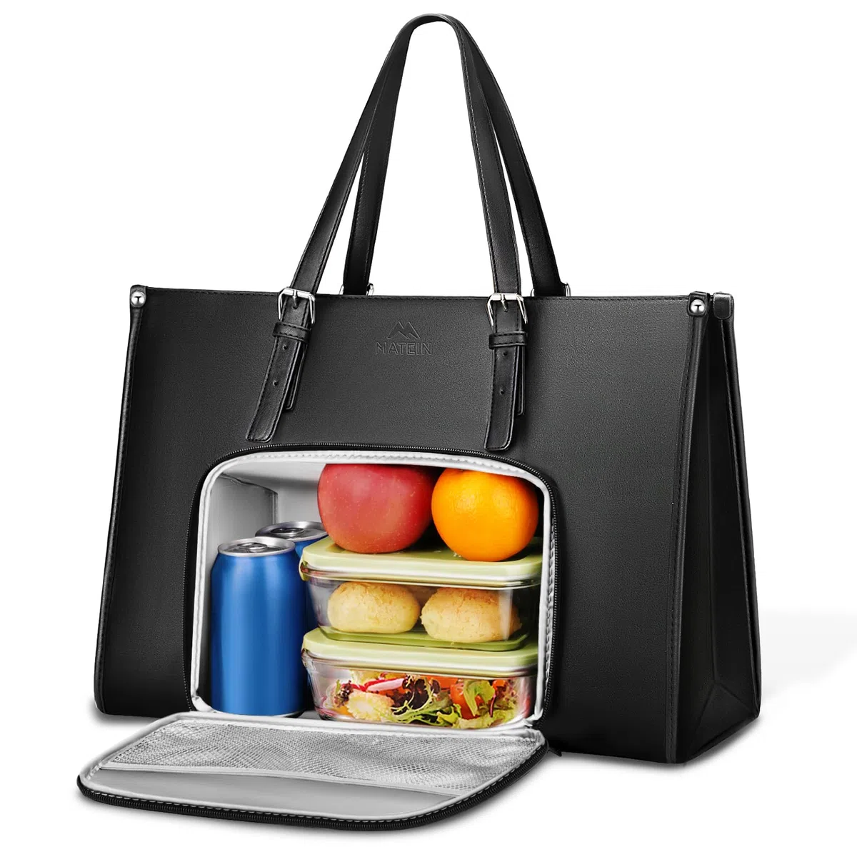 MATEIN Borsa Lavoro Donna con Scomparto Pranzo Isolato, Grande Borsa Porta PC Donna 15,6 Pollici in Pelle PU, Impermeabile Borse Tote Bag per Università, Ufficio, Shopper, Termica Porta Pranzo, Nero