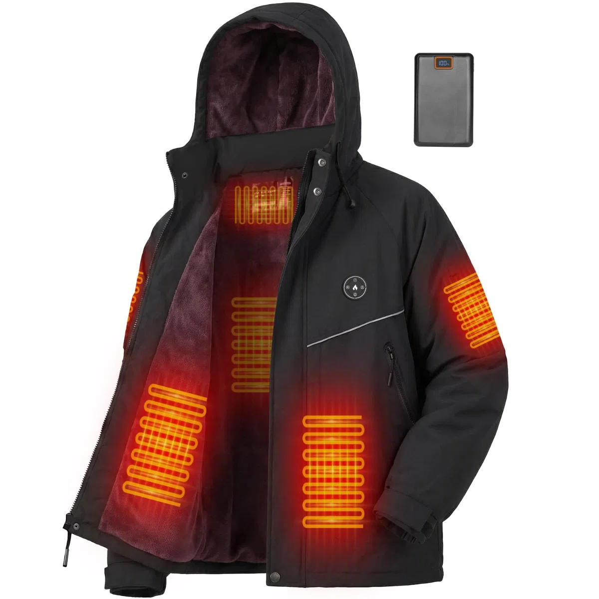 Giacca Riscaldata Uomo con Fodera In Pile E Bracciale, Batteria 20000mah 7.4v, 6 Zone Riscaldanti e 3 Livelli di Temperatura, Giubbotto Invernale Impermeabile Antivento per Sci e Caccia