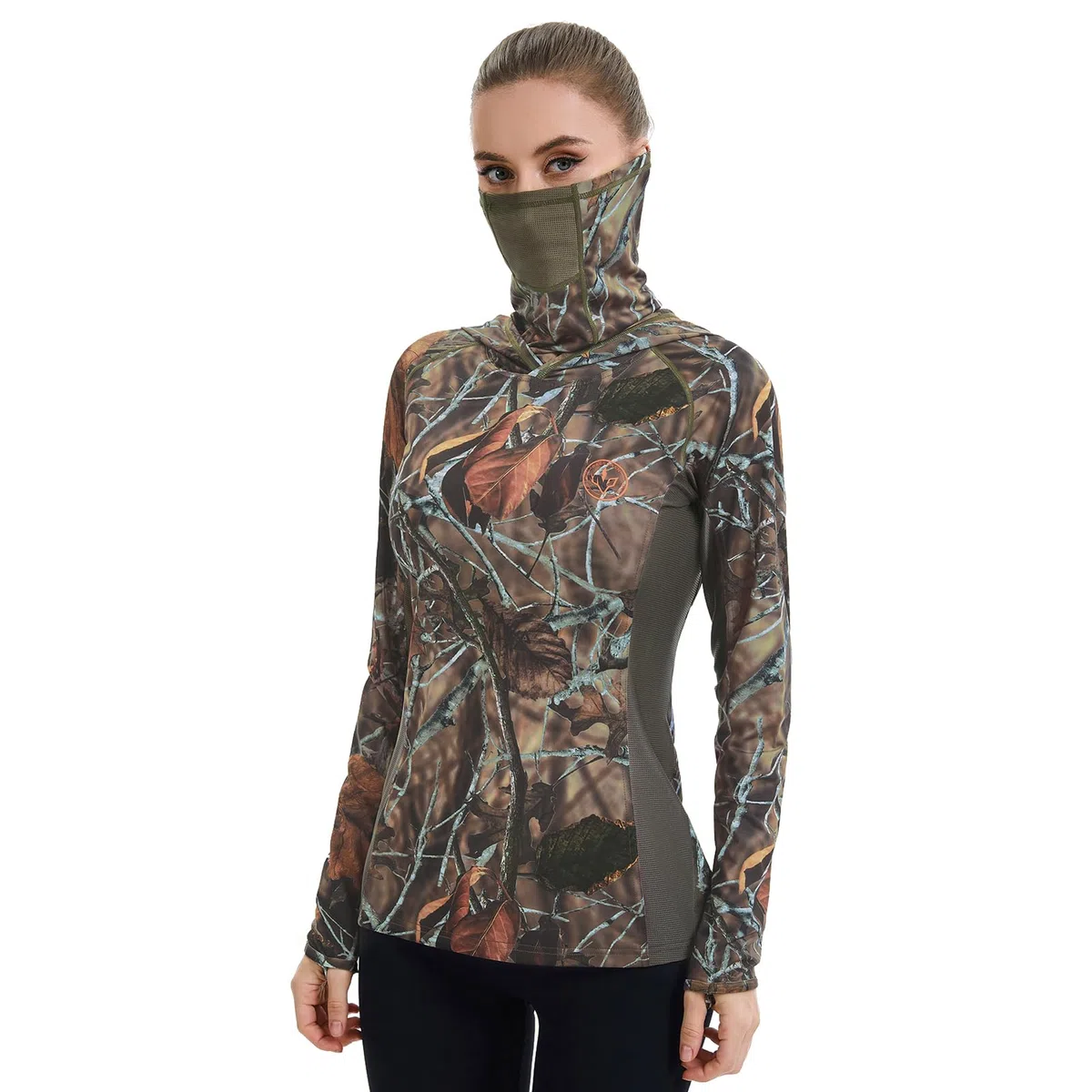 BASSDASH Felpa con cappuccio da donna UPF 50+ mimetica da caccia con ghetta per il collo, traspirante, a maniche lunghe, da pesca, FS03W