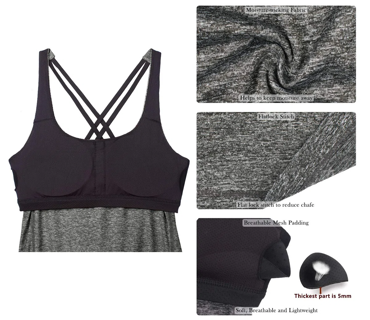 icyzone 2 in 1 Canotta Donna Sportiva con Reggiseno, Top con Imbottiture Rimovibili Senza Maniche per Fintness Palestra Yoga